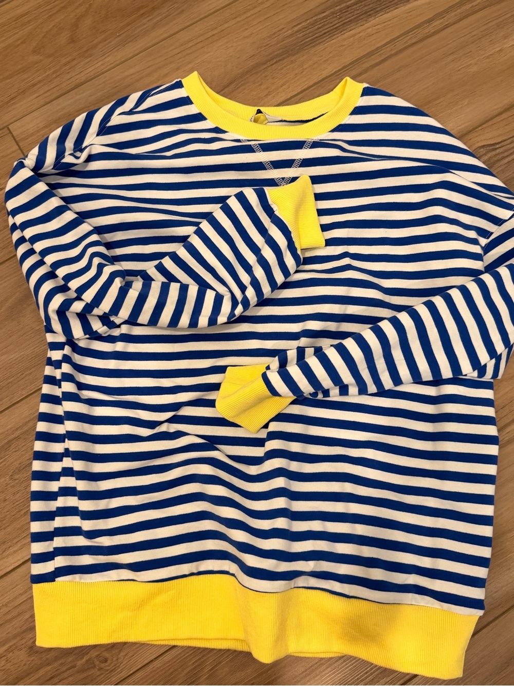 Striped Blue & White Sweatshirt with Yellow Trim